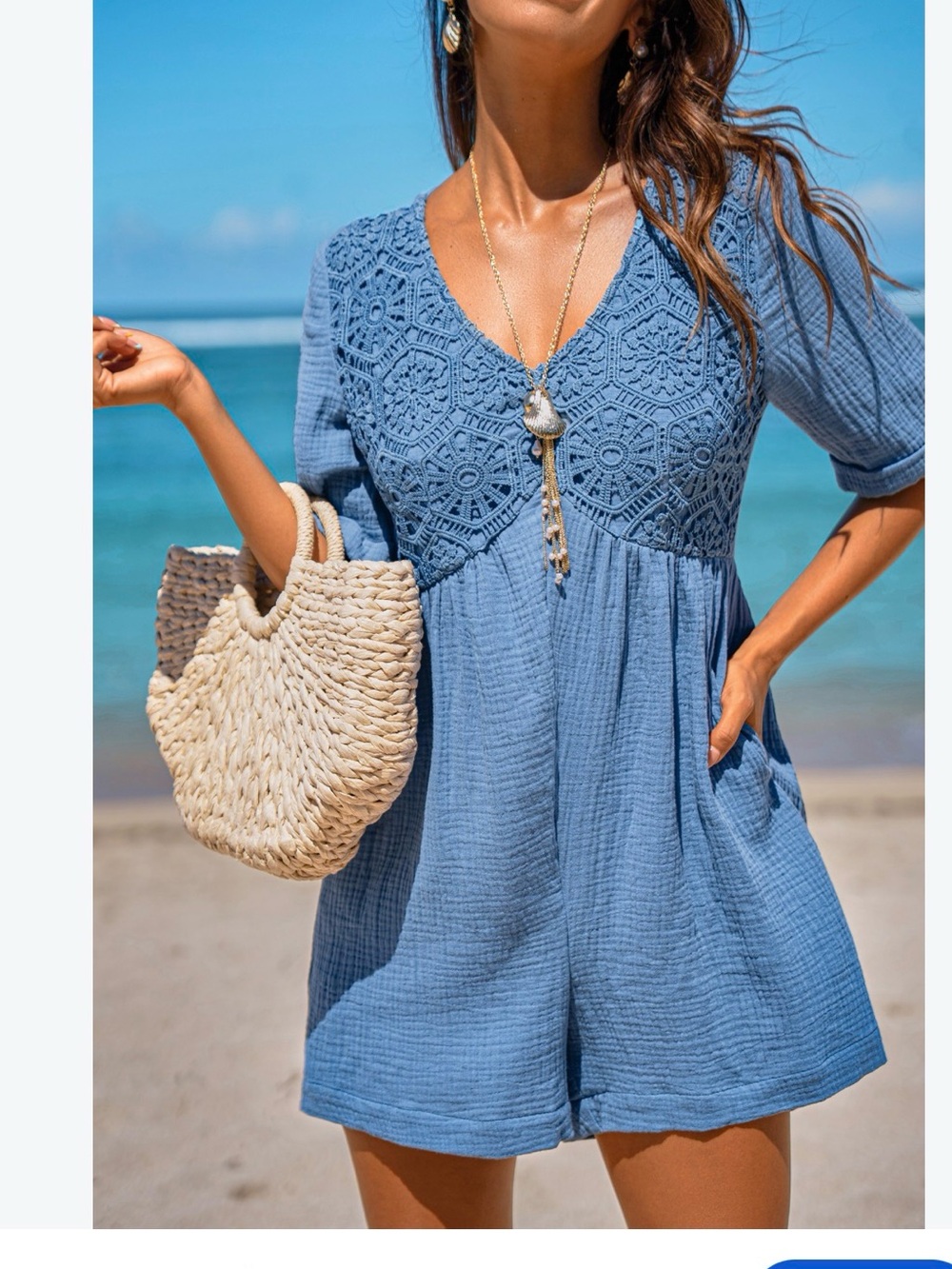 Cupshe Light Blue Crochet Yoke Cotton Romper